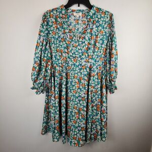 Umgee Ditsy Floral Babydoll Dress Medium Green Metallic Detail Boho Country Flow